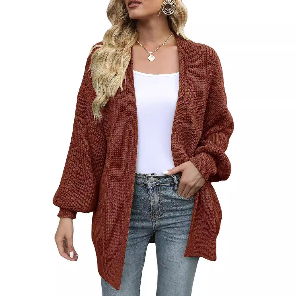 Cardigan-mantella da donna in maglia grossa – Stile oversize confortevole con maniche a lanterna