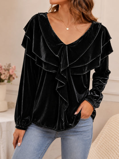 Women's Velvet Top with V-Neck and Ruffles – Elegant, Chic, Feminine Style