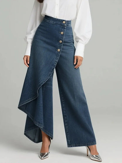 Pantalon faux jean droit unique pour femmes – Pantalon mode avec boutons à volants