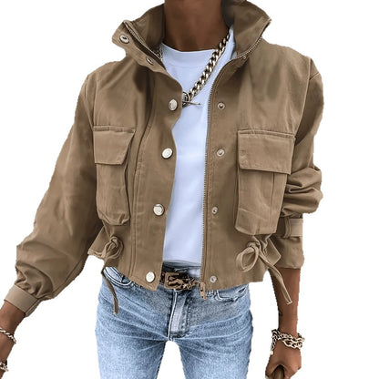 Women’s Biker Jacket with Mandarin Collar and Long Sleeves – Chic, Casual Vintage Style