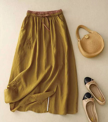 Jupe Femme Élégante Mi-Longue Taille Haute en Lin – Jupe A-Line d’Été