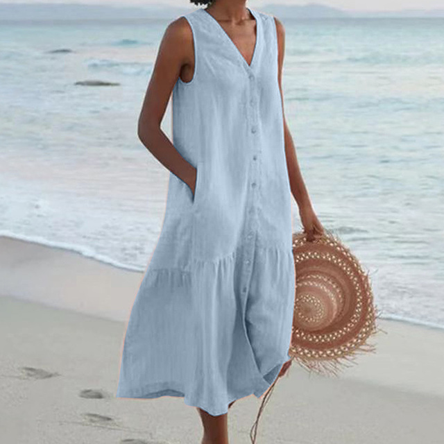 Robe d'été sans manches en lin pour femme – coupe ample et boutonnée sur le devant