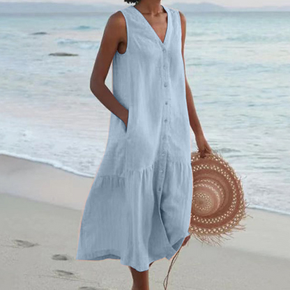 Robe d'été sans manches en lin pour femme – coupe ample et boutonnée sur le devant