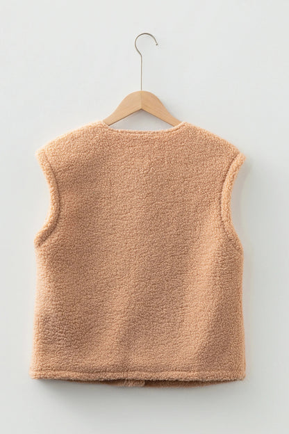 Gilet teddy beige premium pour femme – Gilet confortable à boutons