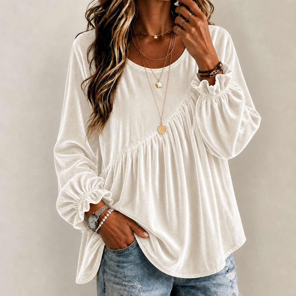 Top de mujer de terciopelo con cuello redondo y volantes – estilo elegante y corte holgado