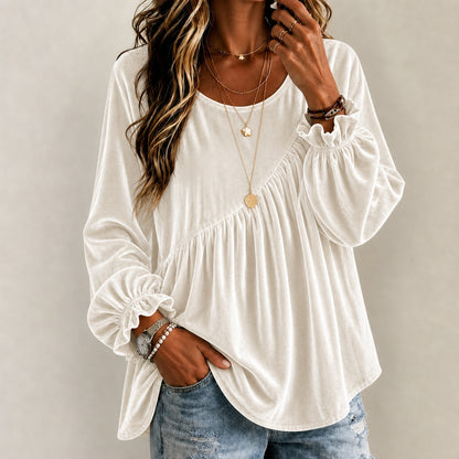 Top de mujer de terciopelo con cuello redondo y volantes – estilo elegante y corte holgado