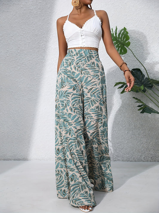 Pantalon large en coton imprimé floral bohème pour femmes - Taille haute, ceinture élastique, pantalon long de plage pour vacances d'été, style décontracté élégant