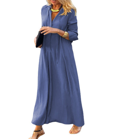 Robe Maxi Femme Coupe Décontractée à Col V – Style Élégant à Manches Longues