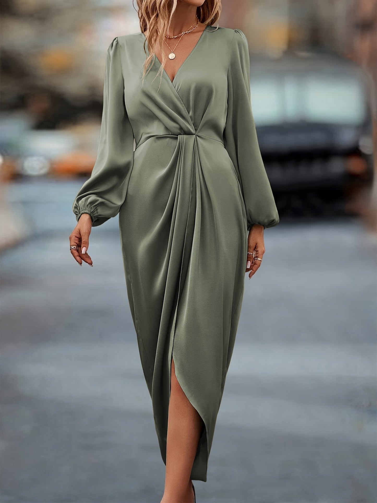 Robe élégante en satin à manches ballon et ourlet asymétrique pour femme – Robe de soirée fluide mi-longue flatteuse invitée