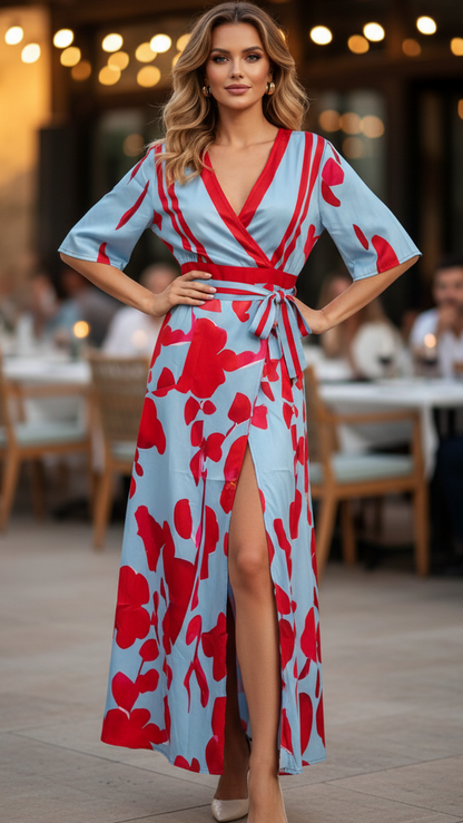 Robe longue imprimée florale élégante pour femmes – Col en V, manches courtes, style portefeuille