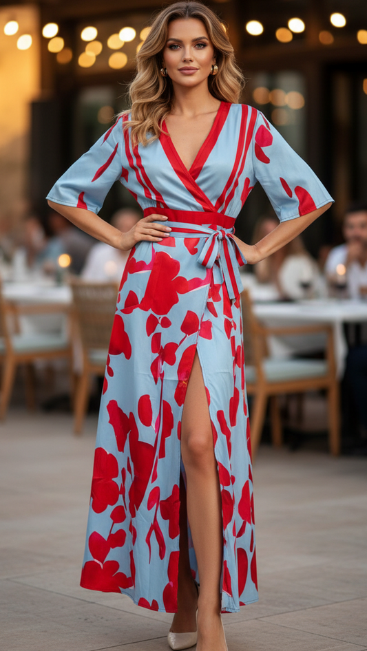 Elegant floral printed long dress for women – V-neck, short sleeves, wrap style