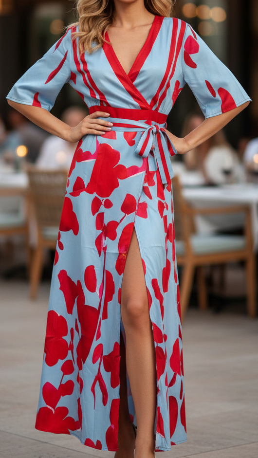 Robe longue imprimée florale élégante pour femmes – Col en V, manches courtes, style portefeuille