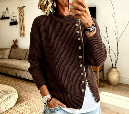 Pull femme côtelé à zip asymétrique – Moderne et confortable