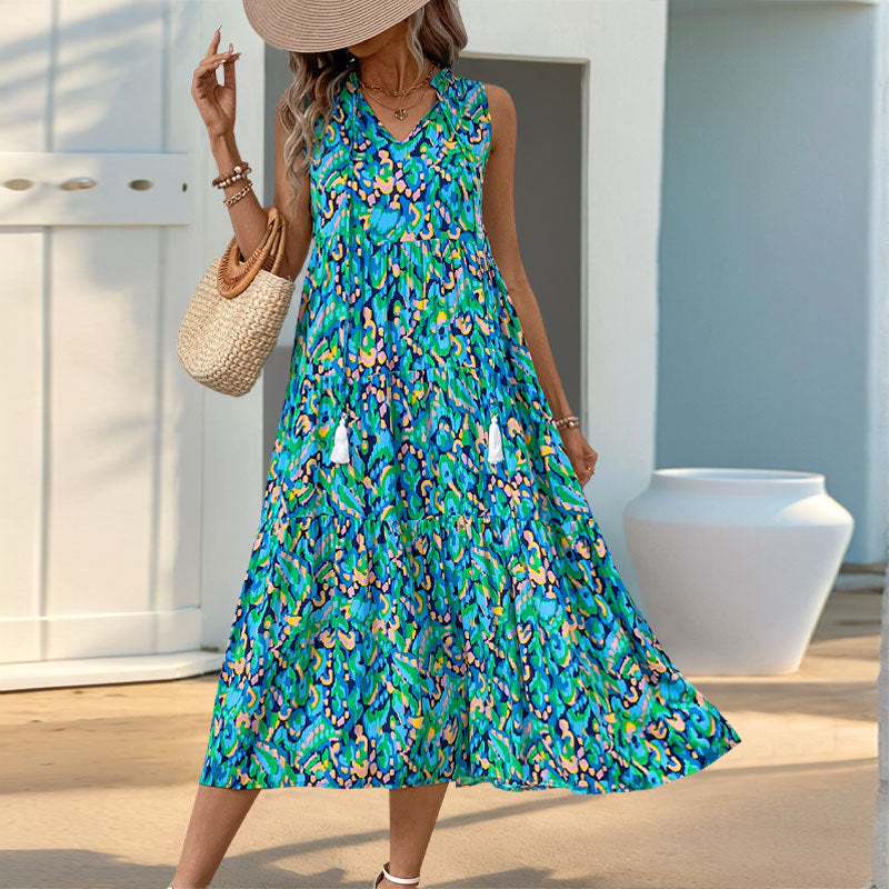 Robe Maxi Sans Manches à Imprimé Abstrait pour Femme – Style Décontracté à Volants pour Vacances