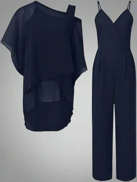 Ensemble de Luxe Femme Jumpsuit et Blouse Épaule Asymétrique en Mousseline – Tenue Élégante Légère Fluide Deux Pièces