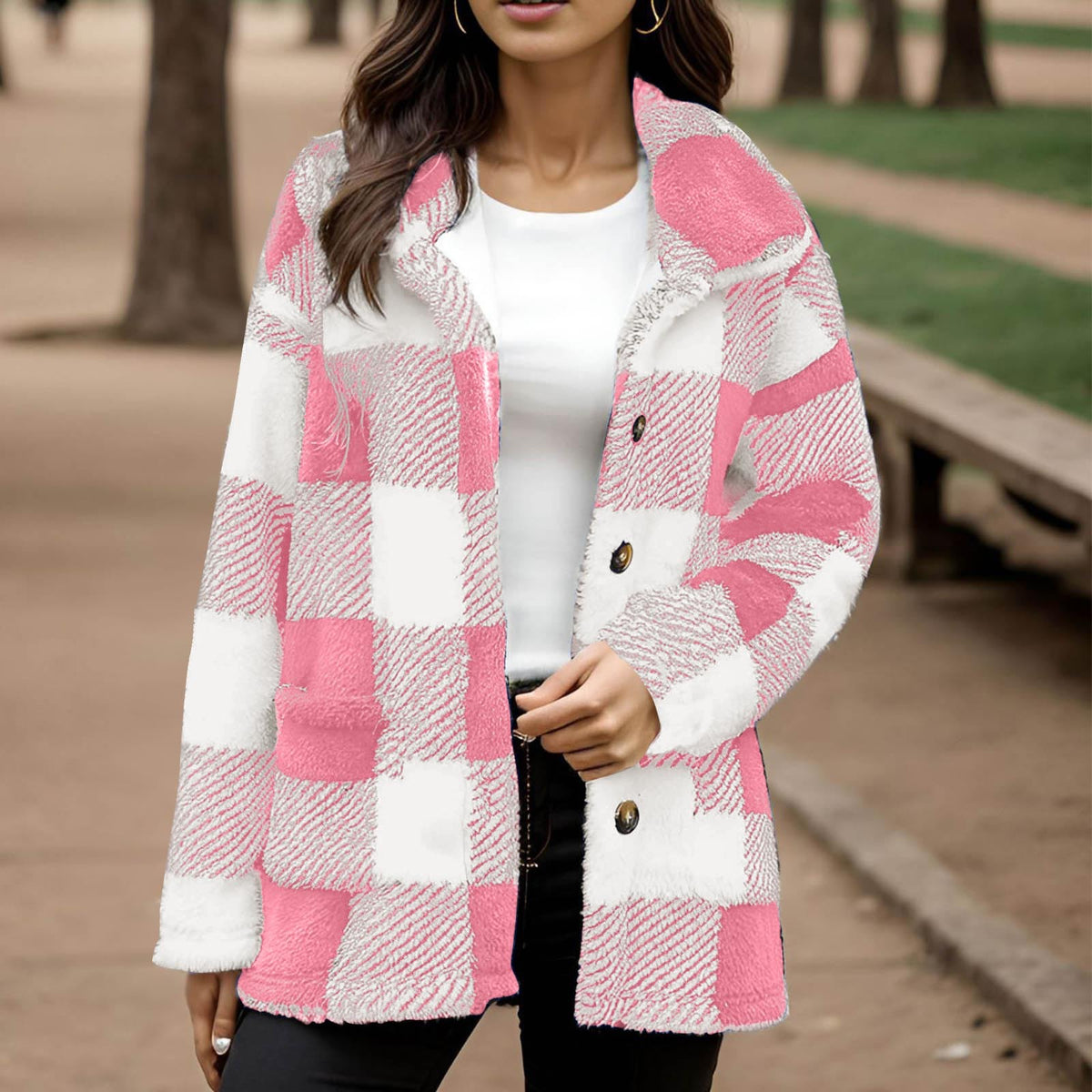 Women's plaid plush coat - Warm and practical