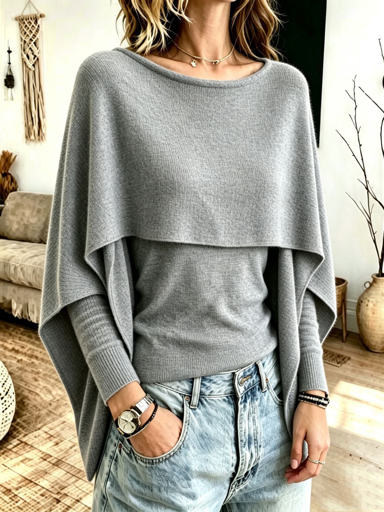 Maglione da donna in maglia effetto scialle a due pezzi – Uno stile chic, a strati e avvolgente
