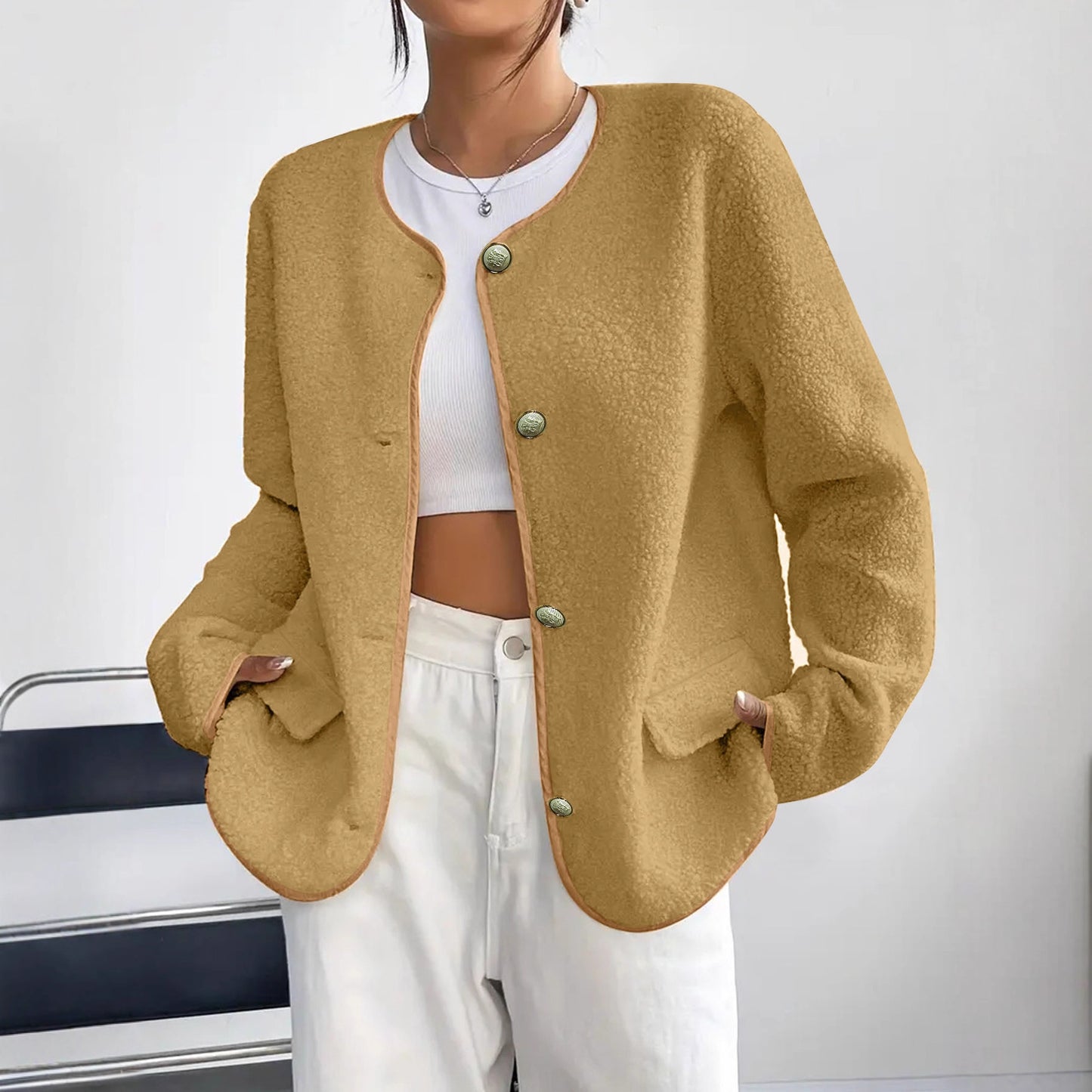 Cappotto in lana testurizzata da donna per taglie forti, ispirato a Chanel – Stile classico ed elegante