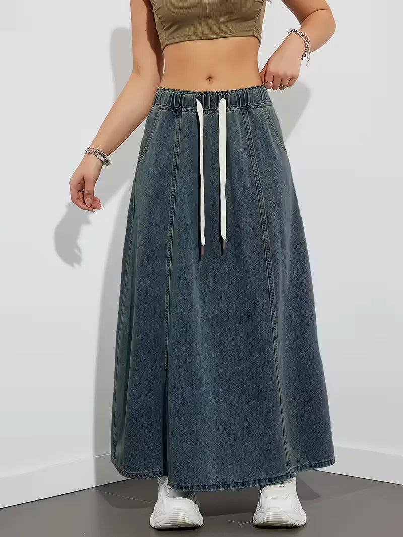 Women's maxi denim skirt with elastic waistband - Comfortable and practical