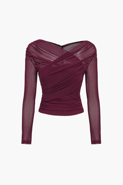Chemisier drapé en maille pour femme – Manches longues, style élégant et décontracté pour le travail