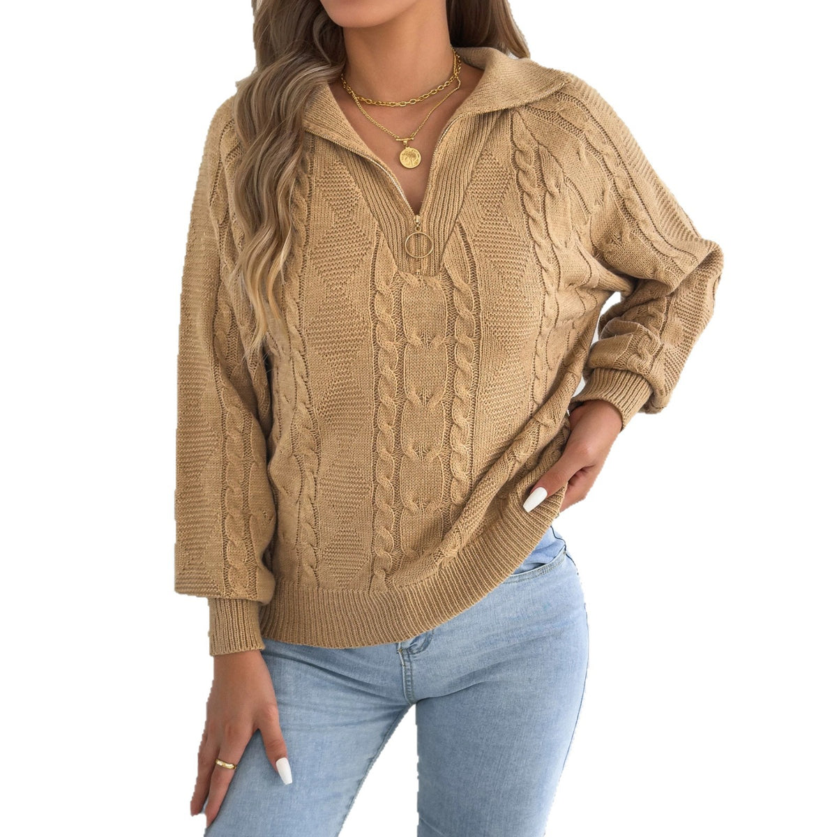 Pull femme torsade avec zip - Chaud et pratique