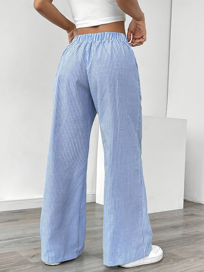 Pantalon Jambe Large à Poches Latérales, Imprimé Rayé Décontracté Taille Cordon, Printemps &amp; Été, Vêtements pour Femmes