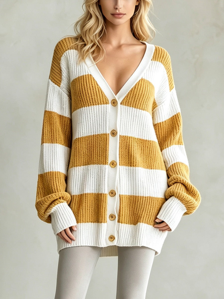 Cardigan-cappotto da donna a righe in maglia - Morbido e confortevole