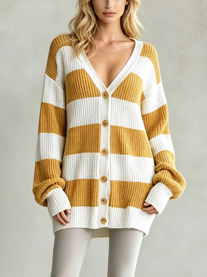 Cardigan-cappotto da donna a righe in maglia - Morbido e confortevole
