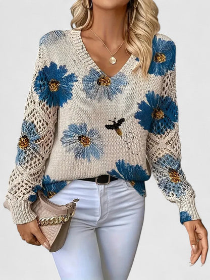 Pull Femme à Col V Tricoté à Fleurs – Pull Moderne Élégant
