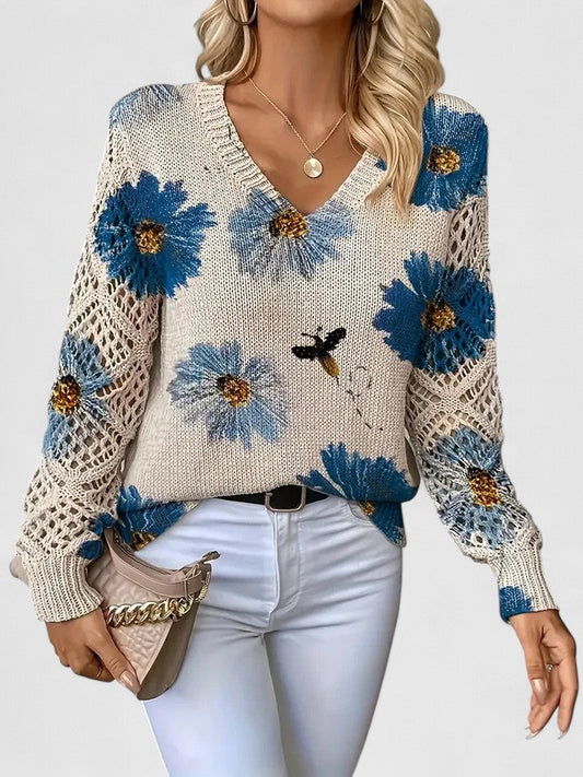 Pull Femme à Col V Tricoté à Fleurs – Pull Moderne Élégant
