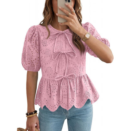 Top donna con volant e maniche a sbuffo con cintura - Elegante e femminile