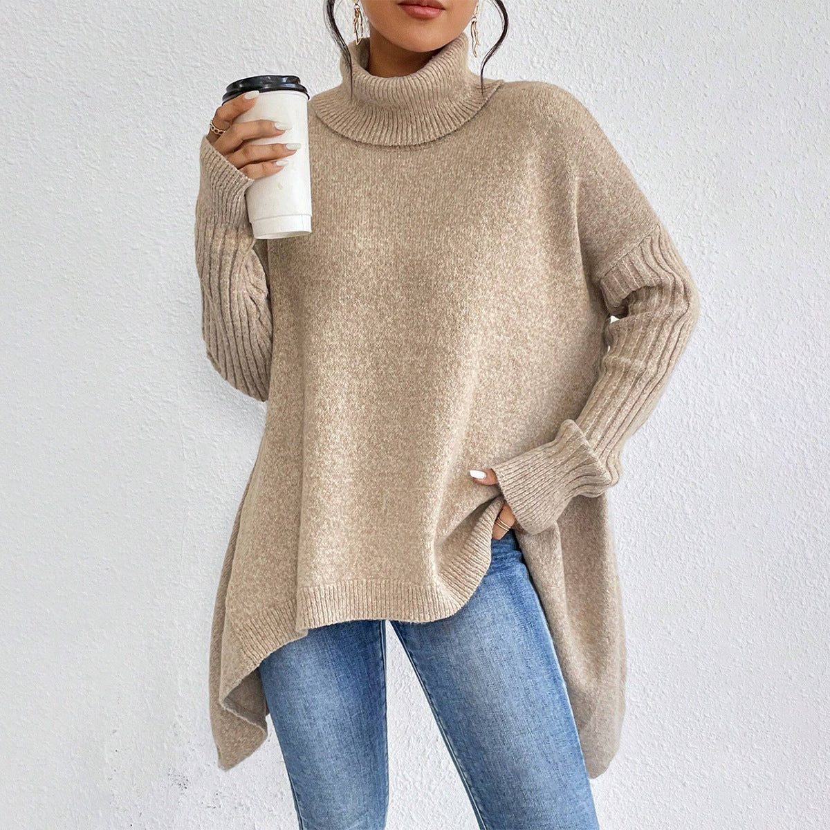Pull Col Roulé Irrégulier pour Femmes – Pull Tricoté Ample à Manches Longues