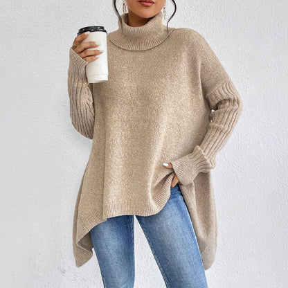 Pull Col Roulé Irrégulier pour Femmes – Pull Tricoté Ample à Manches Longues