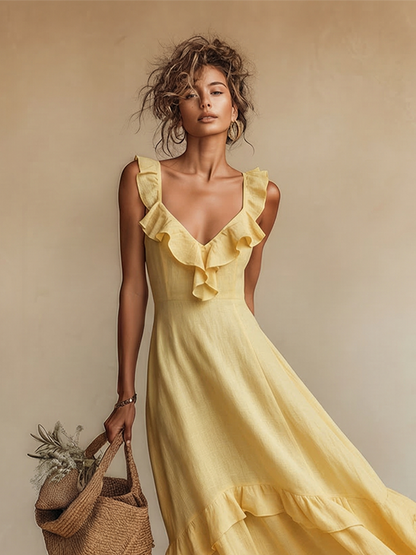 Women's Yellow Linen Maxi Dress with V-Neck and Ruffles - Bohemian and Summery