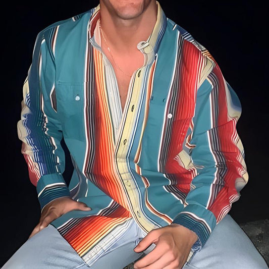 Men's Block Stripe Shirt - Casual Long Sleeve