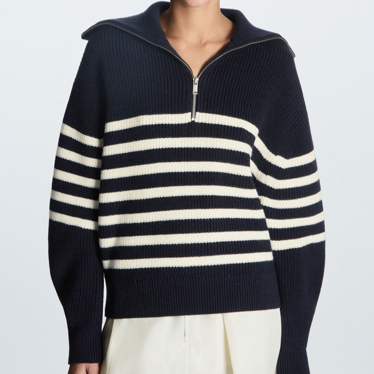 Women's Striped Half-Zip Sweater – Long Sleeves, Casual and Comfortable Style for Fall and Winter