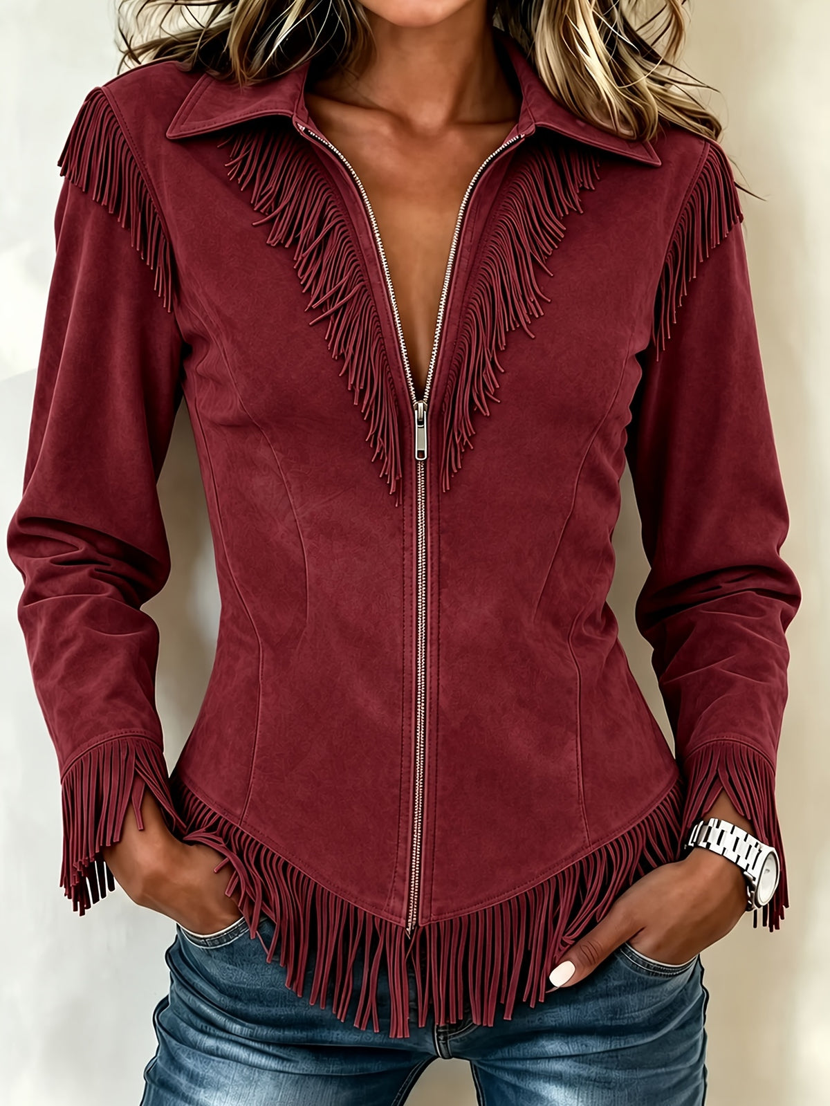 Manteau femme effet suede a franges - Chic et ajuste