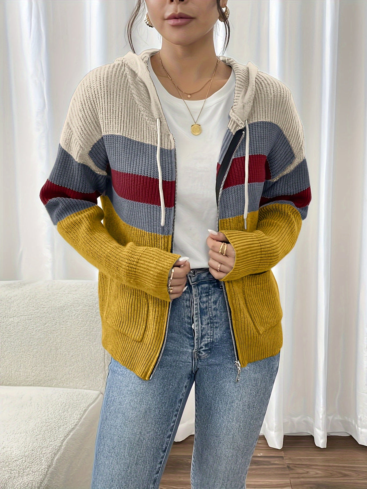 Women's zip-up color-block hooded cardigan - Comfortable and modern