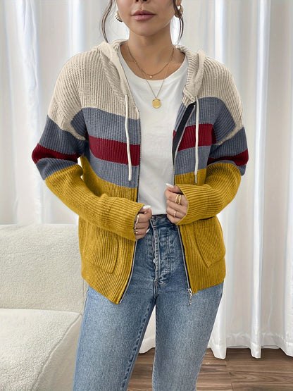 Women's zip-up color-block hooded cardigan - Comfortable and modern