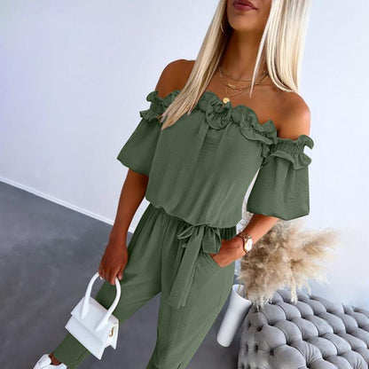 Combinaison femme épaules dénudées – Jumpsuit chic à volants avec taille nouée