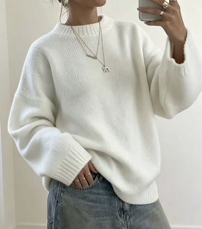 Loose-fit women's solid-color knitted sweater – Soft and easy to wear