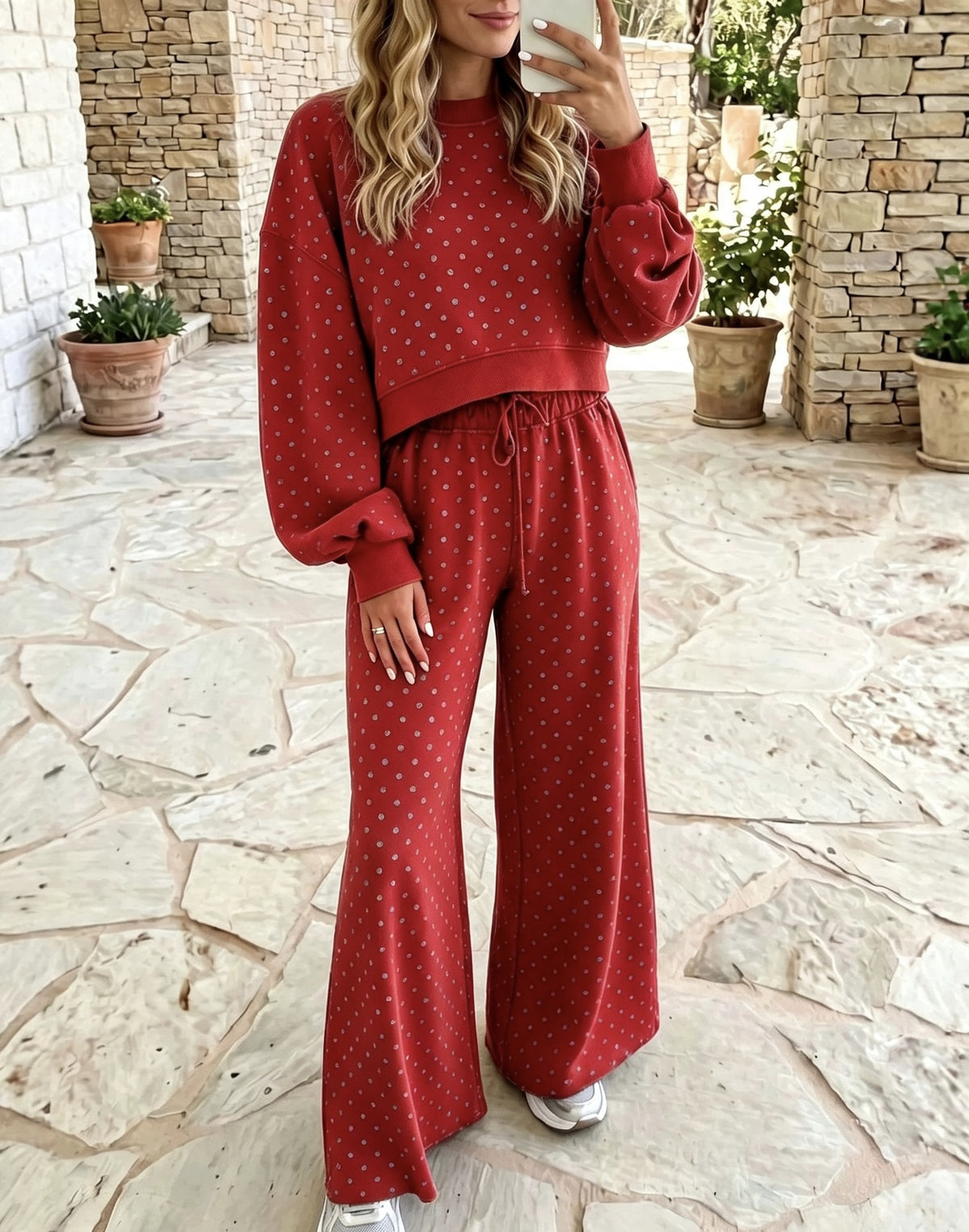 Ensemble pantalon femme a pois taille haute - Fluide et decontracte