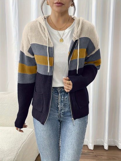 Women's zip-up color-block hooded cardigan - Comfortable and modern