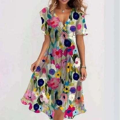 Robe Midi Femme Cache-Cœur à Fleurs – Style A-Line à Manches Courtes