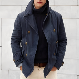 Modern Double-Breasted Men's Pea Coat – Vintage Windbreaker Jacket with Notched Collar