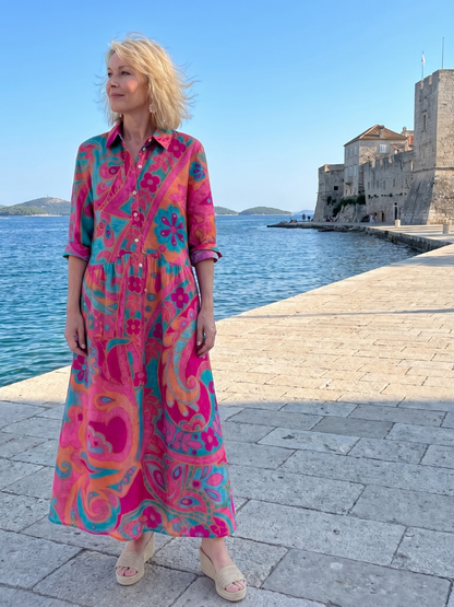 Robe midi imprimee femme col chemise boutonnee - Elegante et facile a porter