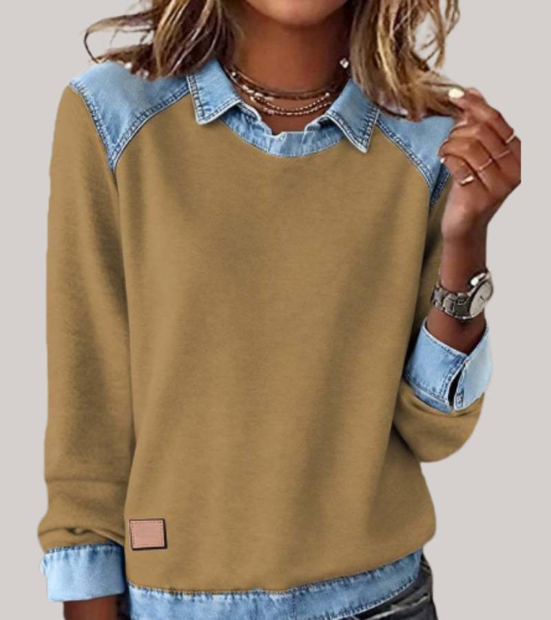 Pull Élégant Bimatière Femme – Sweat Confort avec Finition Denim