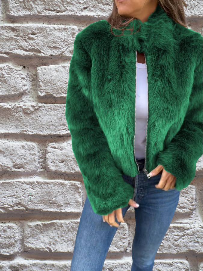Veste Femme Courte Zippée Manches Longues Avec Fausse Fourrure