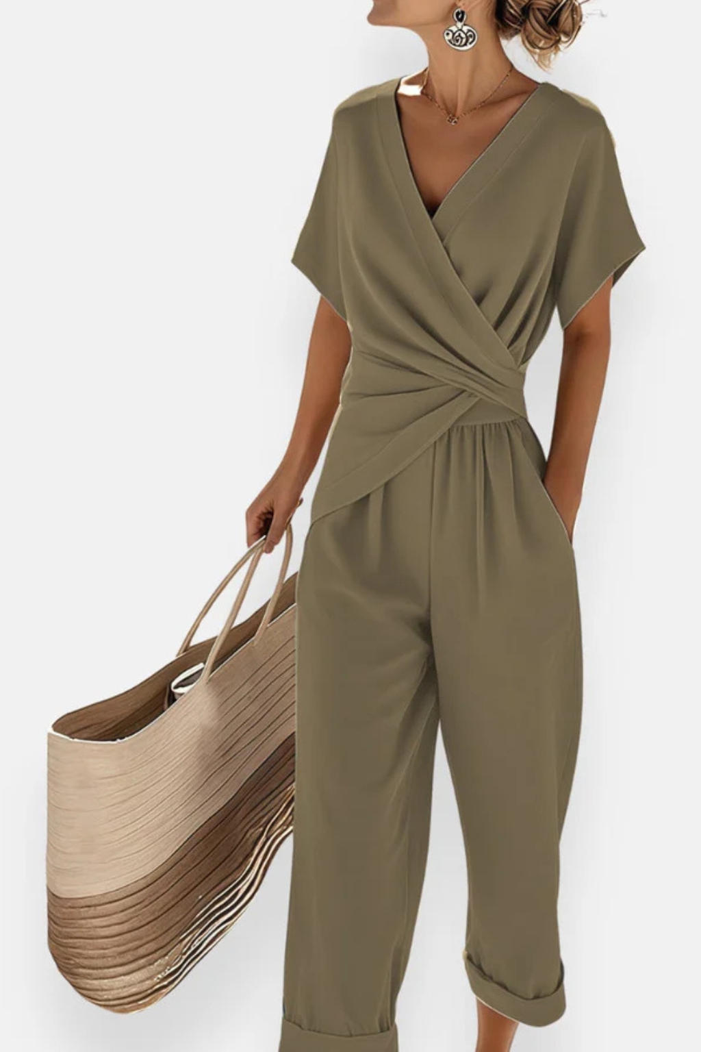Combinaison courte portefeuille pour femme – Manches courtes et poches – Style décontracté d'été