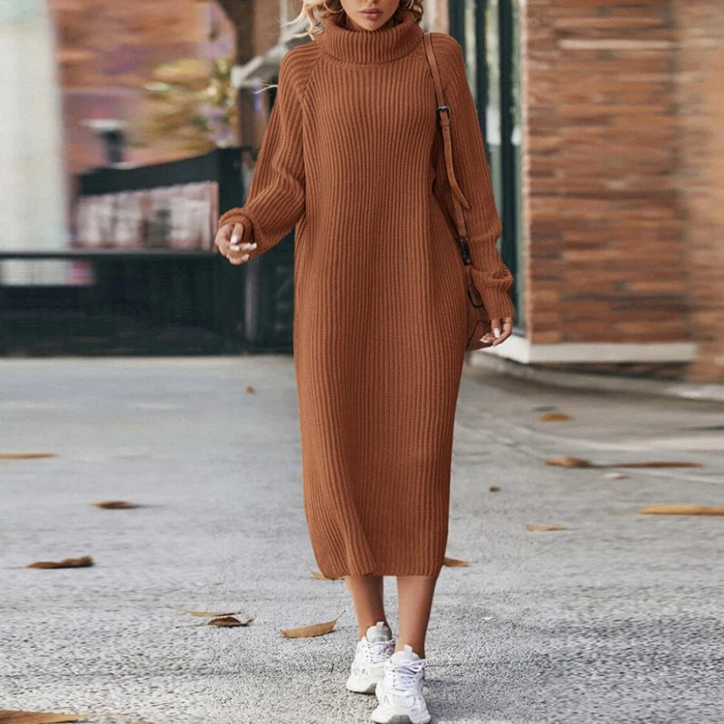 Robe midi en tricot à manches longues – Robe pour femme à col roulé
